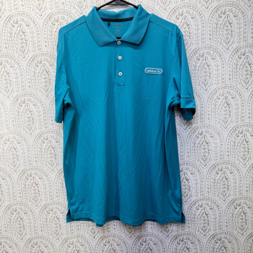 Adidas Golf Polo Shirt Mens Large Teal Blue Short Sleeve Retro Patch Performance